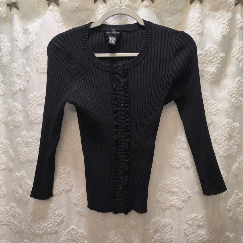 Y2K Cable & Gauge Black Silk Blend Ribbed Ruffle Front Cardigan Sweater Medium